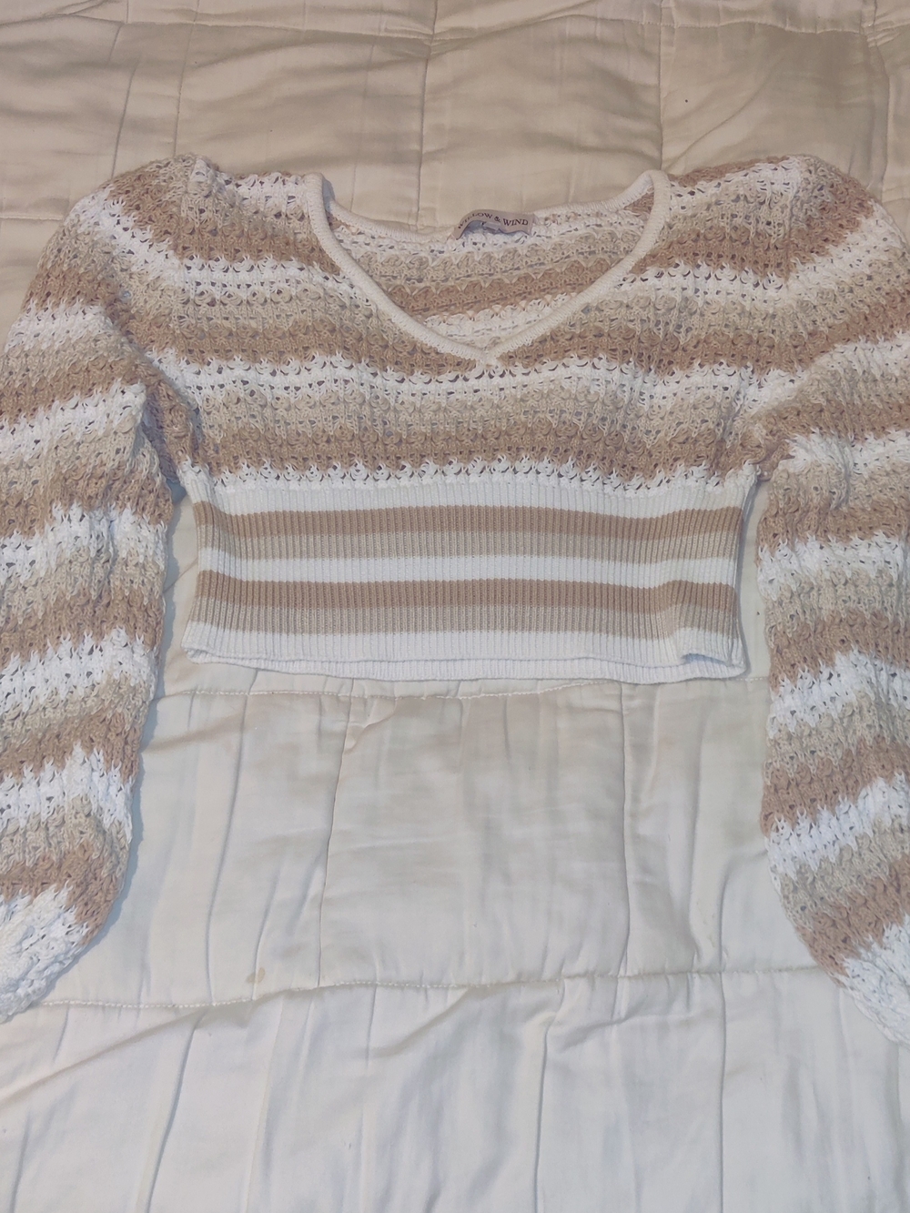 Willow & Wind Striped Crochet Crop Sweater Boho Neutral Balloon Sleeve VNeck (L)